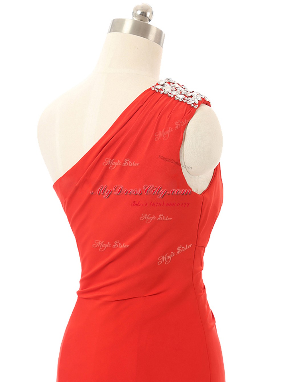 Pretty One Shoulder Red Sleeveless Beading and Ruching Floor Length Prom Evening Gown