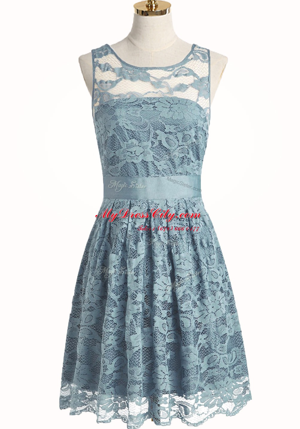 High Class Scoop Knee Length Light Blue Prom Dress Lace Sleeveless Lace