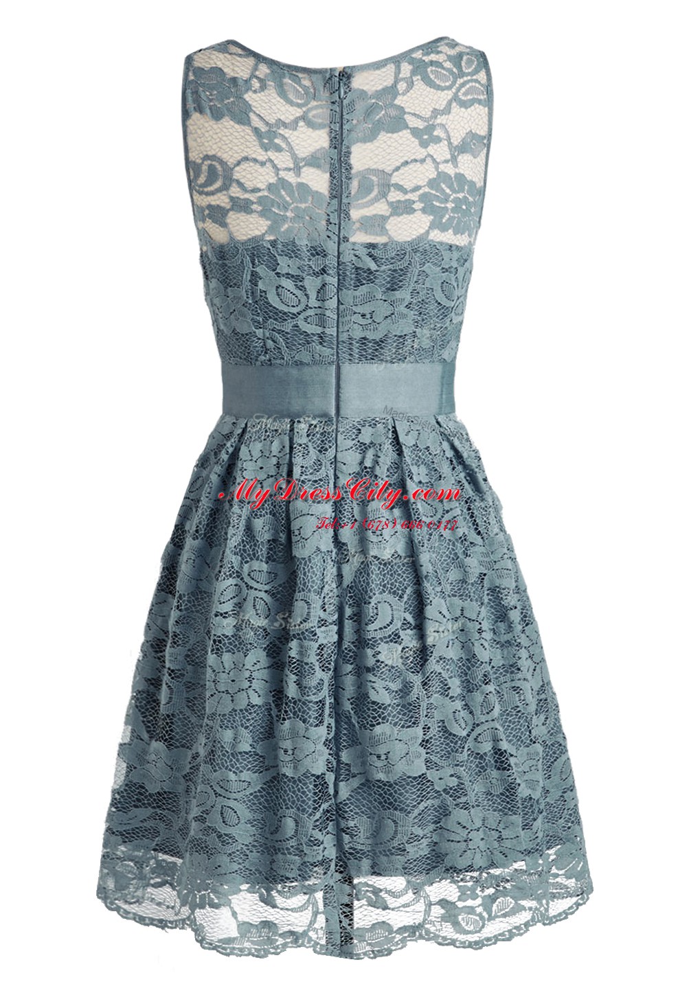 High Class Scoop Knee Length Light Blue Prom Dress Lace Sleeveless Lace