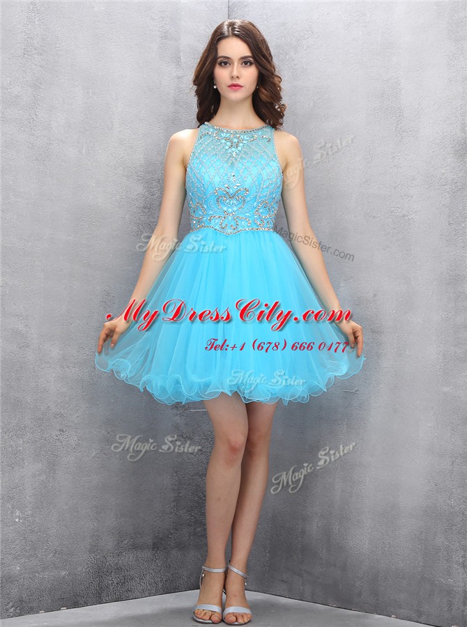 Scoop Sleeveless Zipper Prom Dresses Baby Blue Organza