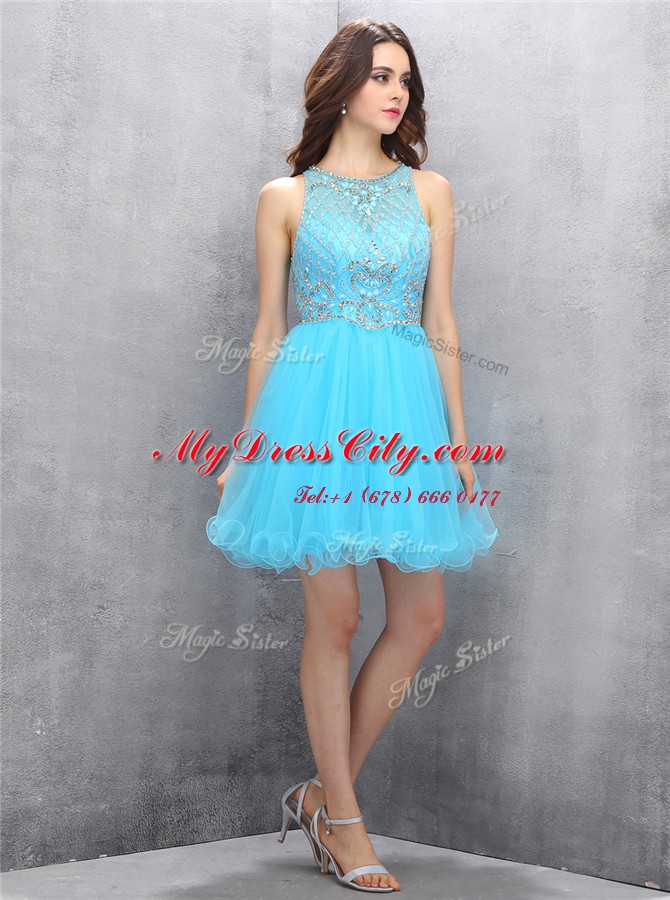 Scoop Sleeveless Zipper Prom Dresses Baby Blue Organza