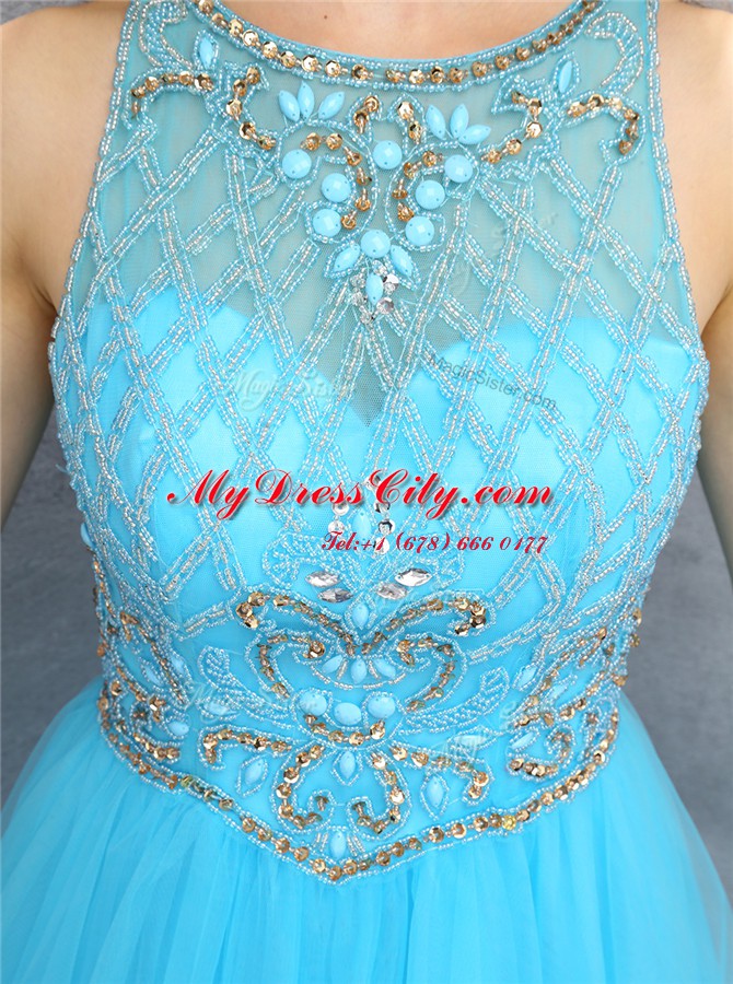 Scoop Sleeveless Zipper Prom Dresses Baby Blue Organza