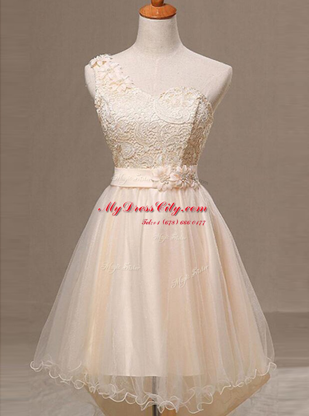 Suitable One Shoulder Champagne A-line Lace and Pleated and Hand Made Flower Prom Dresses Lace Up Organza Sleeveless Knee Length