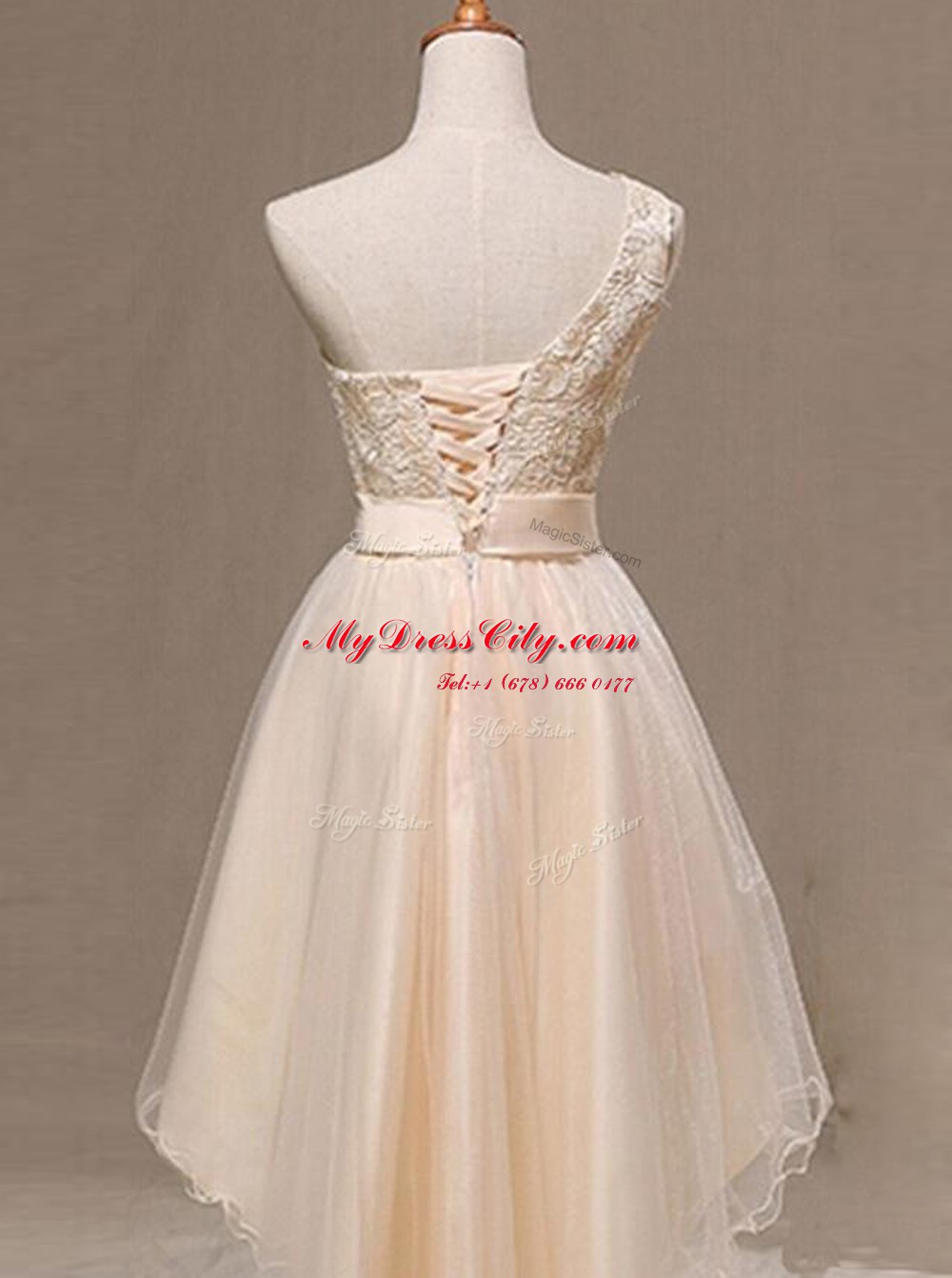 Suitable One Shoulder Champagne A-line Lace and Pleated and Hand Made Flower Prom Dresses Lace Up Organza Sleeveless Knee Length