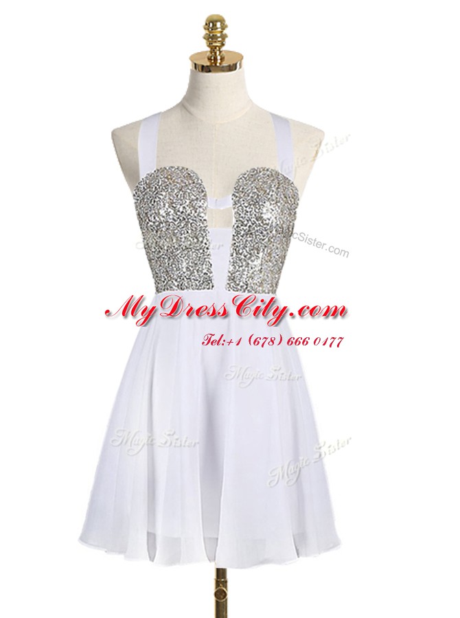 White Straps Criss Cross Sequins Homecoming Dress Sleeveless