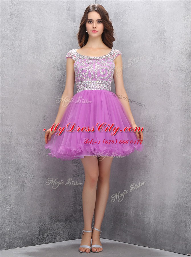 Simple Scoop Sleeveless Tulle Mini Length Zipper Club Wear in Lilac with Beading