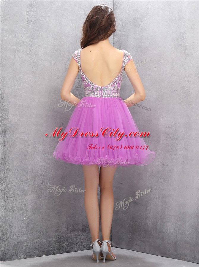 Simple Scoop Sleeveless Tulle Mini Length Zipper Club Wear in Lilac with Beading