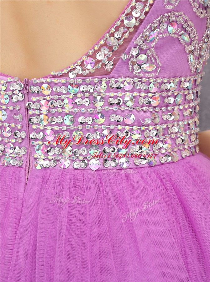 Simple Scoop Sleeveless Tulle Mini Length Zipper Club Wear in Lilac with Beading