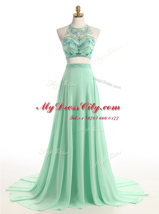 Halter Top Sleeveless Chiffon Dress for Prom Beading Brush Train Zipper