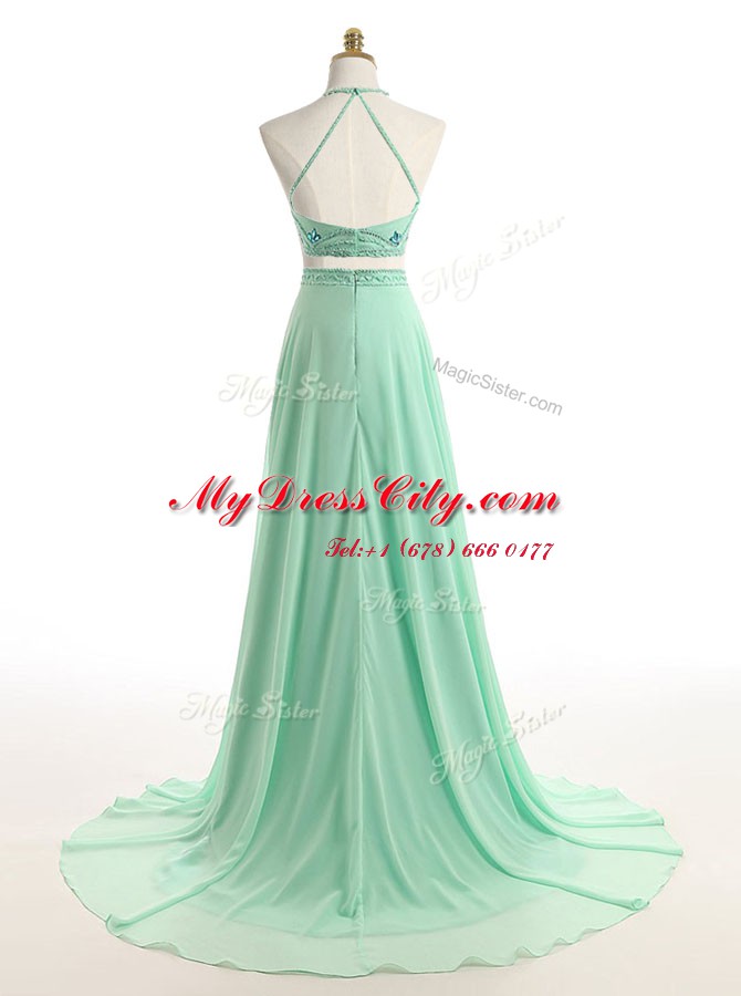 Halter Top Sleeveless Chiffon Dress for Prom Beading Brush Train Zipper