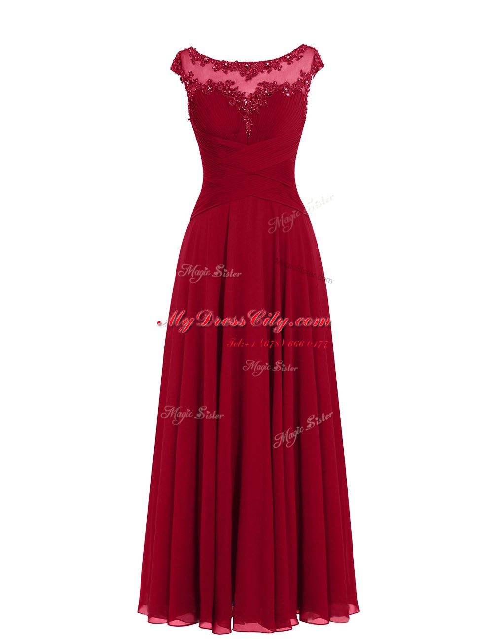 Chiffon Scoop Cap Sleeves Zipper Appliques Prom Evening Gown in Wine Red