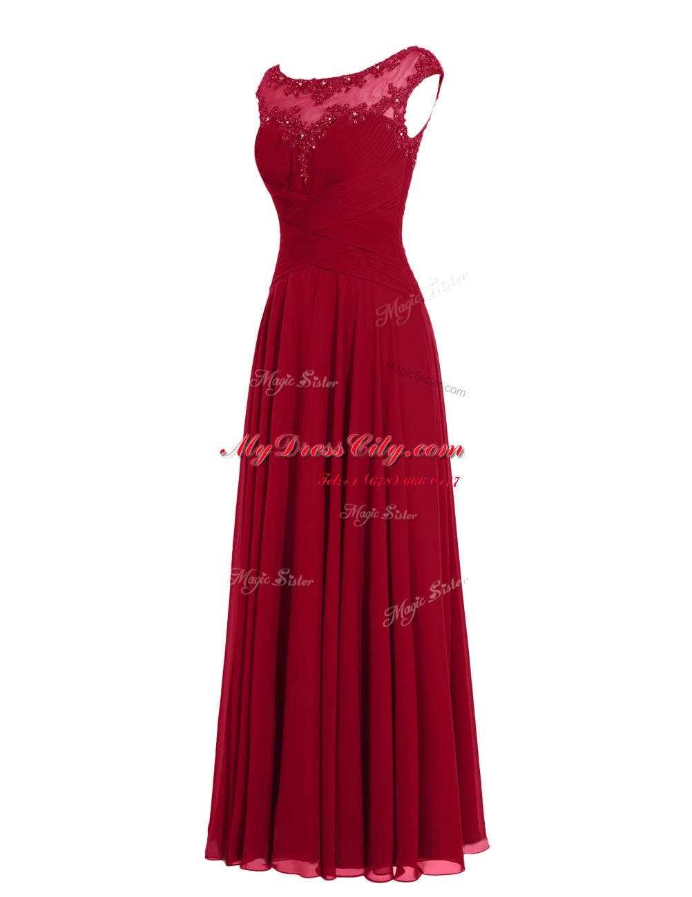 Chiffon Scoop Cap Sleeves Zipper Appliques Prom Evening Gown in Wine Red