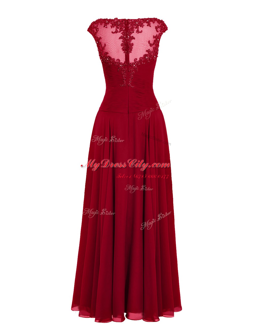 Chiffon Scoop Cap Sleeves Zipper Appliques Prom Evening Gown in Wine Red