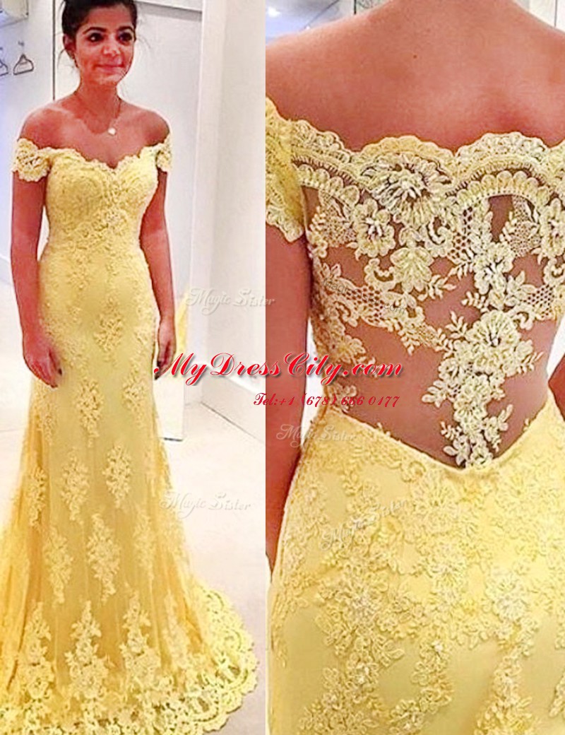 Smart Yellow Mermaid Lace Off The Shoulder Short Sleeves Appliques Side Zipper Brush Train