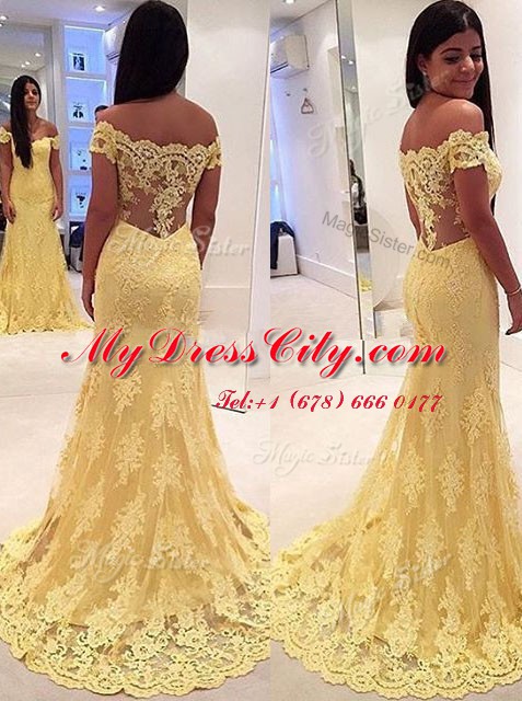 Smart Yellow Mermaid Lace Off The Shoulder Short Sleeves Appliques Side Zipper Brush Train