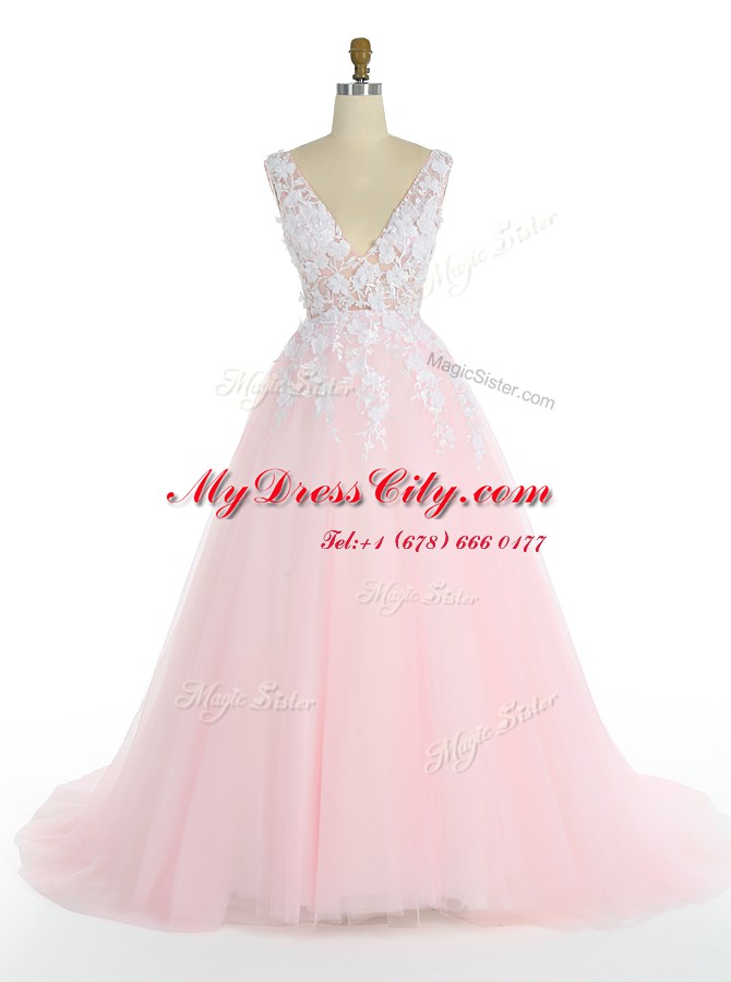 Glorious Sleeveless Sweep Train Appliques Zipper Pageant Dresses