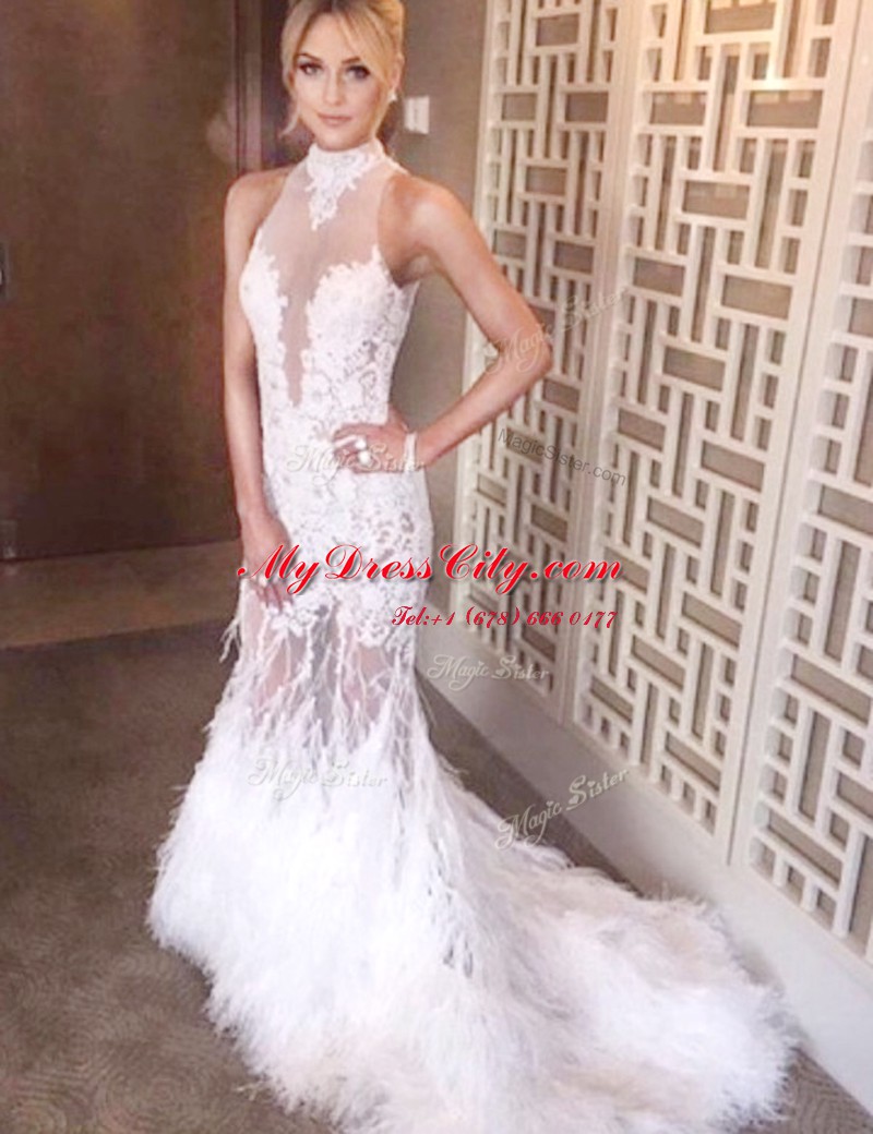 Adorable Mermaid White Backless Formal Evening Gowns Appliques Sleeveless Court Train