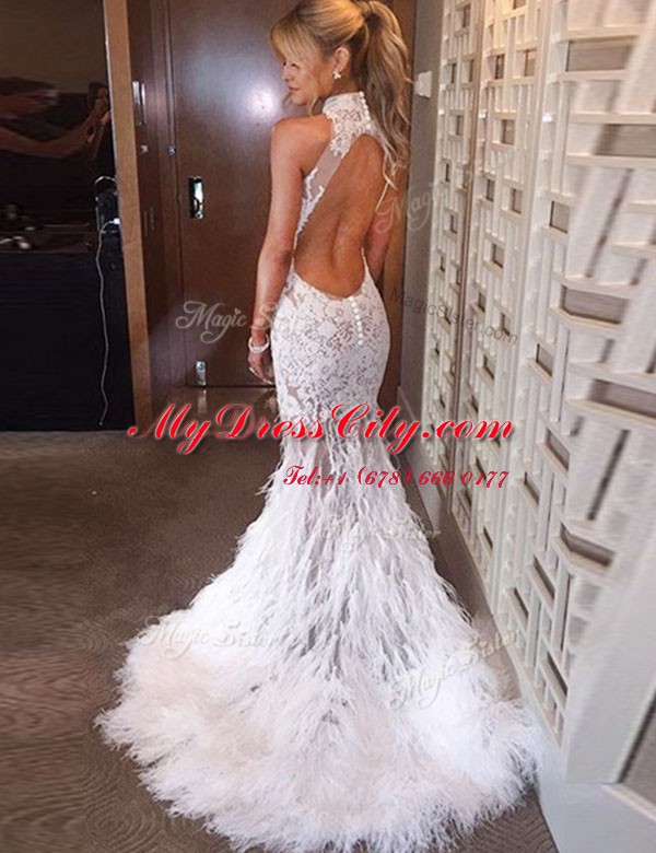 Adorable Mermaid White Backless Formal Evening Gowns Appliques Sleeveless Court Train