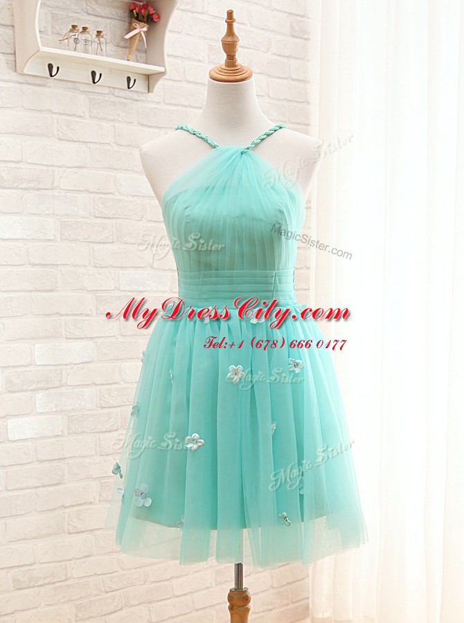 Straps Sleeveless Mini Length Hand Made Flower Lace Up Homecoming Dress with Aqua Blue