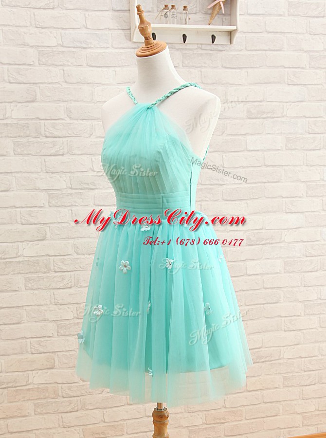 Straps Sleeveless Mini Length Hand Made Flower Lace Up Homecoming Dress with Aqua Blue