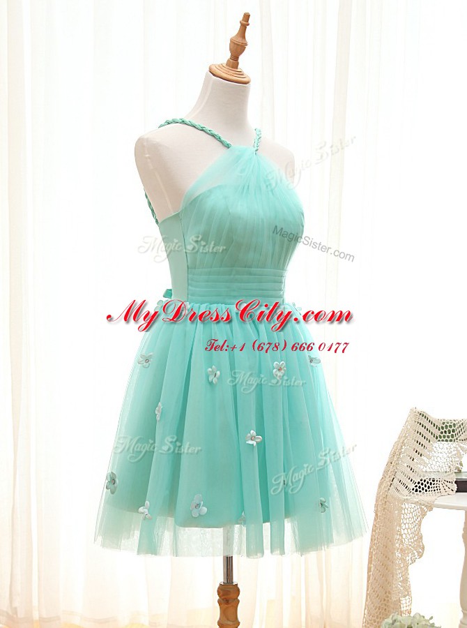 Straps Sleeveless Mini Length Hand Made Flower Lace Up Homecoming Dress with Aqua Blue