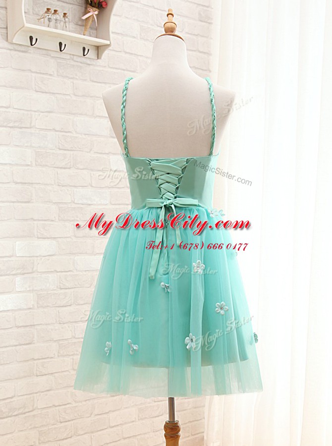 Straps Sleeveless Mini Length Hand Made Flower Lace Up Homecoming Dress with Aqua Blue