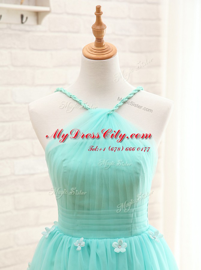 Straps Sleeveless Mini Length Hand Made Flower Lace Up Homecoming Dress with Aqua Blue