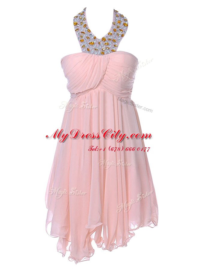 Chiffon Strapless Sleeveless Backless Beading Prom Party Dress in Baby Pink