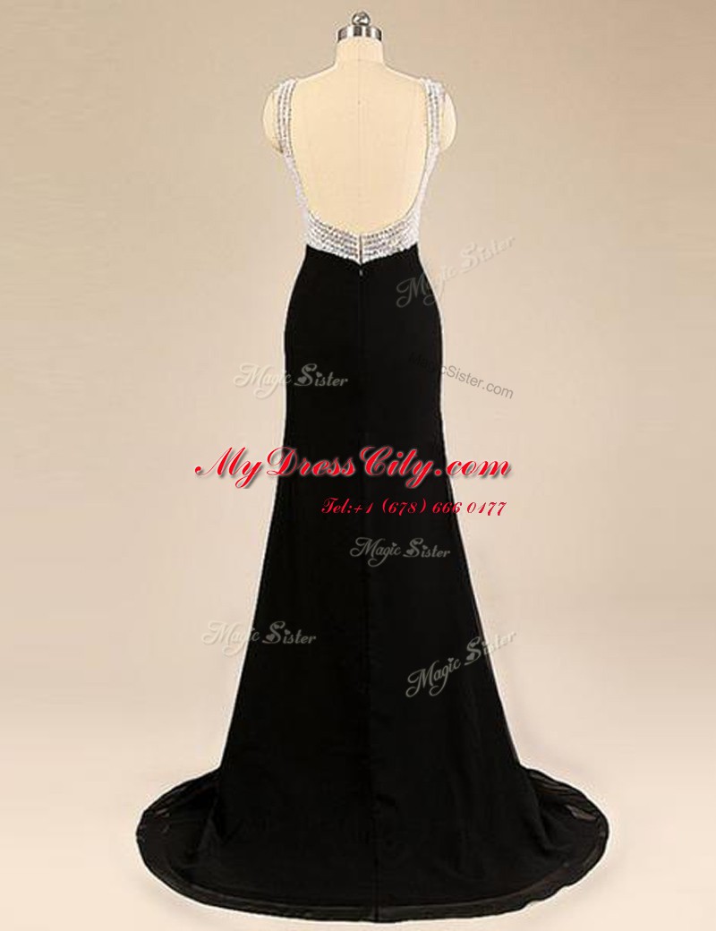 Exquisite Beading Prom Gown Black Backless Sleeveless With Brush Train