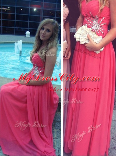 Perfect Floor Length Hot Pink Evening Dress Sweetheart Sleeveless Backless