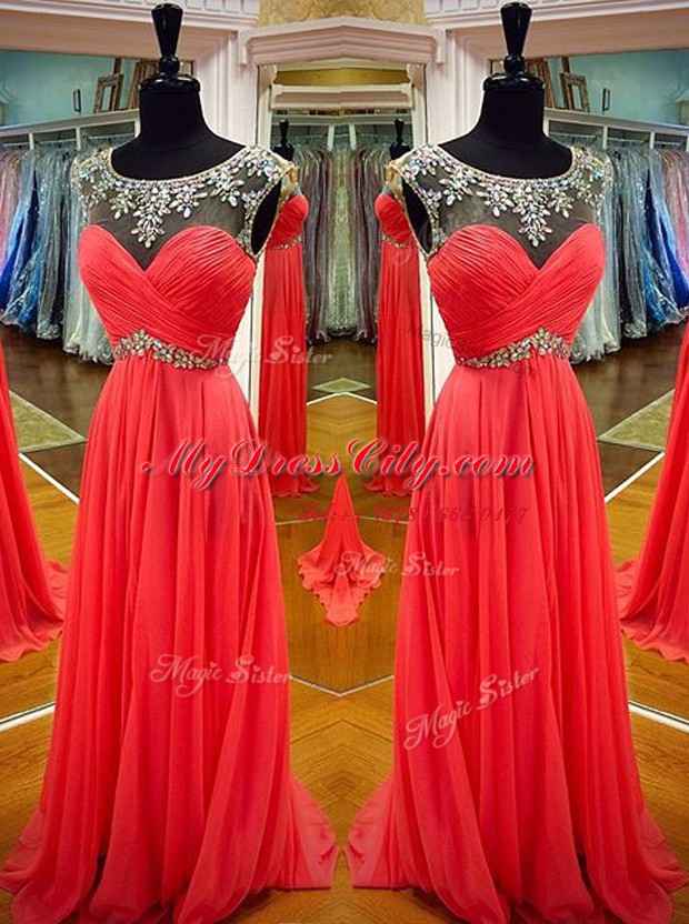 Scoop Backless Chiffon Sleeveless Floor Length Prom Dresses and Sashes ribbons