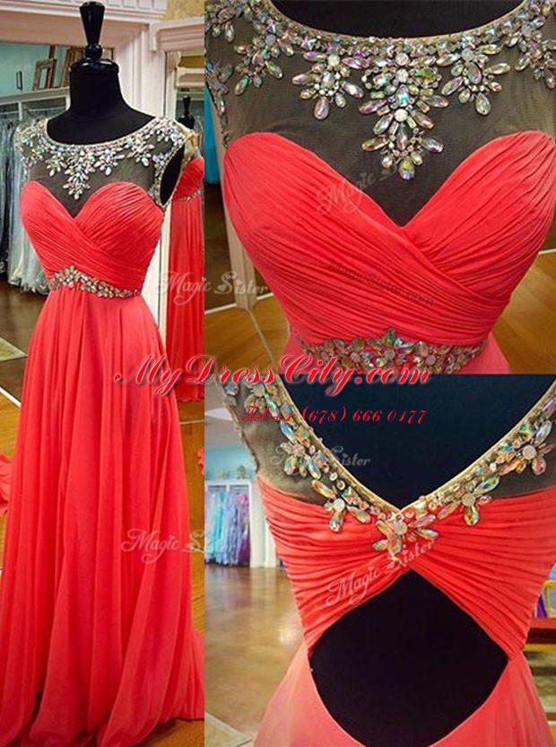 Scoop Backless Chiffon Sleeveless Floor Length Prom Dresses and Sashes ribbons