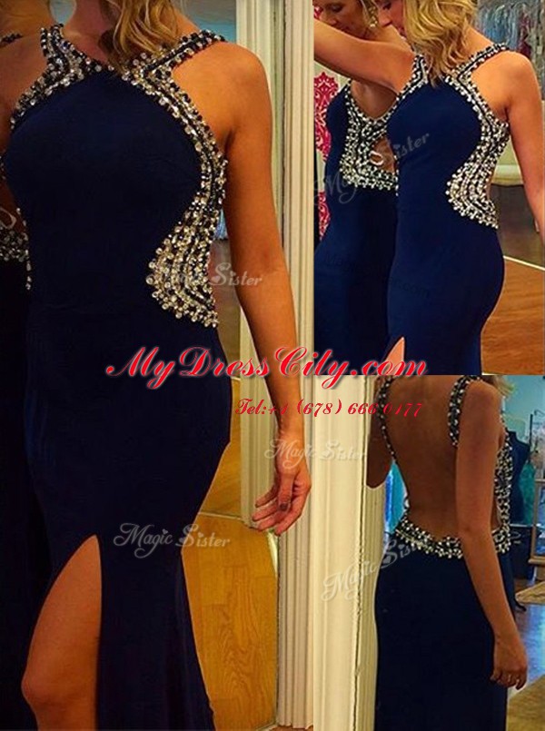 Luxurious Mermaid Beading Prom Gown Navy Blue Backless Sleeveless Court Train