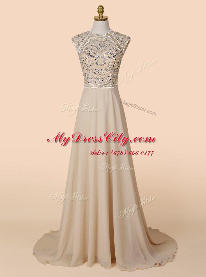 Champagne Backless Scoop Beading Homecoming Dress Chiffon Sleeveless Brush Train