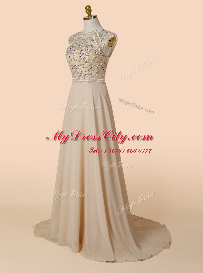 Champagne Backless Scoop Beading Homecoming Dress Chiffon Sleeveless Brush Train