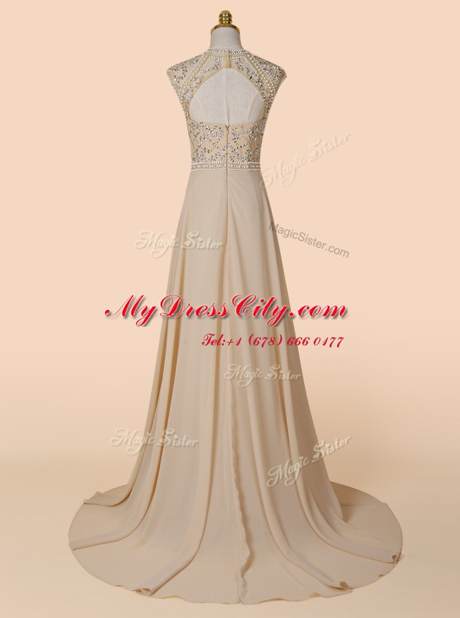 Champagne Backless Scoop Beading Homecoming Dress Chiffon Sleeveless Brush Train