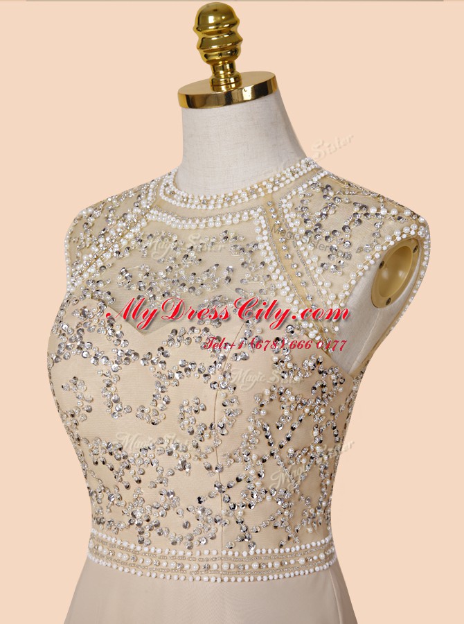 Champagne Backless Scoop Beading Homecoming Dress Chiffon Sleeveless Brush Train