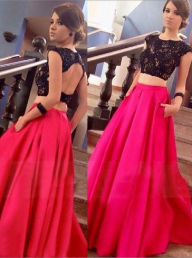 Best Selling Scoop Backless Floor Length Red Prom Dresses Satin Cap Sleeves Lace