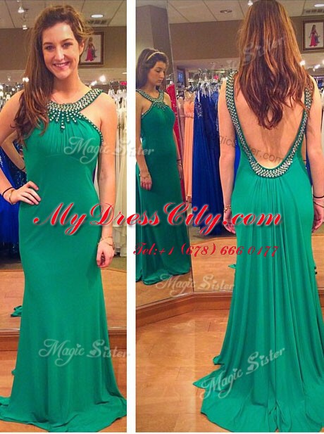 Customized Mermaid Green Bateau Backless Beading Evening Dress Sweep Train Sleeveless