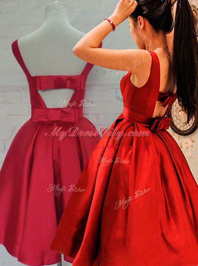 Red Satin Backless Prom Dresses Sleeveless Knee Length Ruching and Bowknot