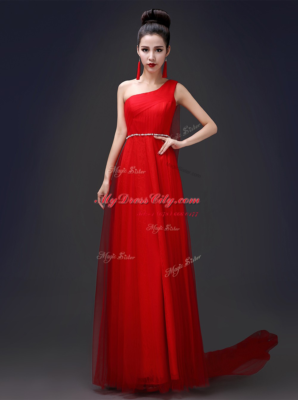 Flirting One Shoulder Sleeveless Beading Zipper