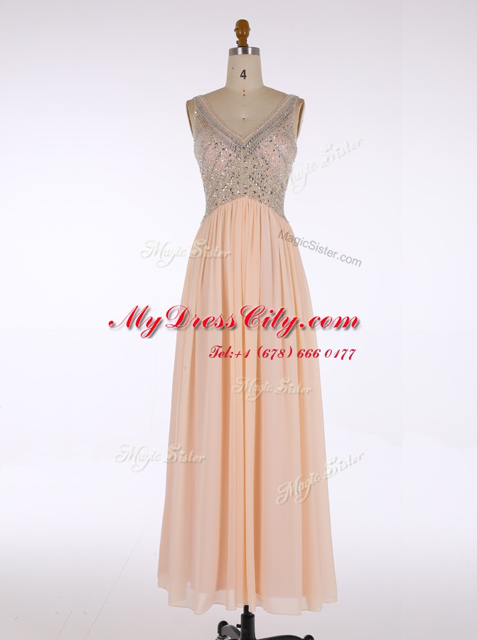 Discount V-neck Sleeveless Floor Length Beading Champagne Chiffon