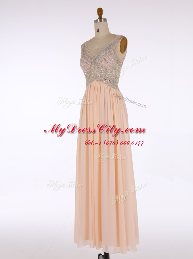 Discount V-neck Sleeveless Floor Length Beading Champagne Chiffon