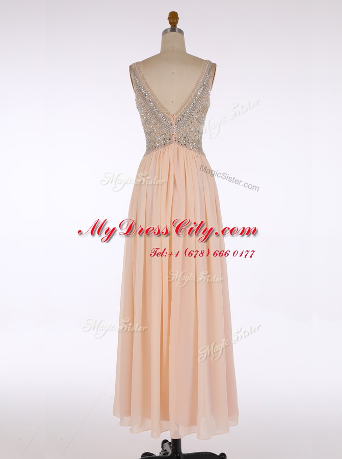 Discount V-neck Sleeveless Floor Length Beading Champagne Chiffon