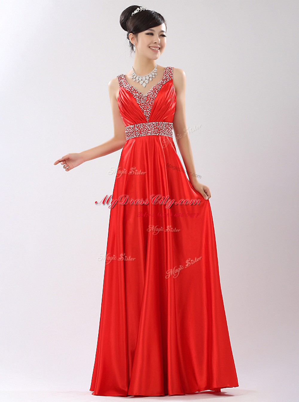 Coral Red Sleeveless Satin Zipper Evening Dress for Prom and Party