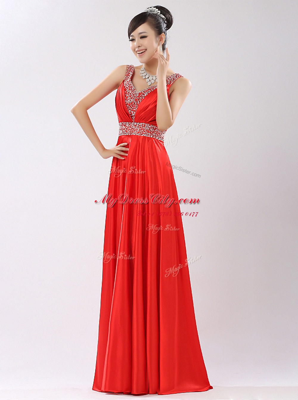 Coral Red Sleeveless Satin Zipper Evening Dress for Prom and Party