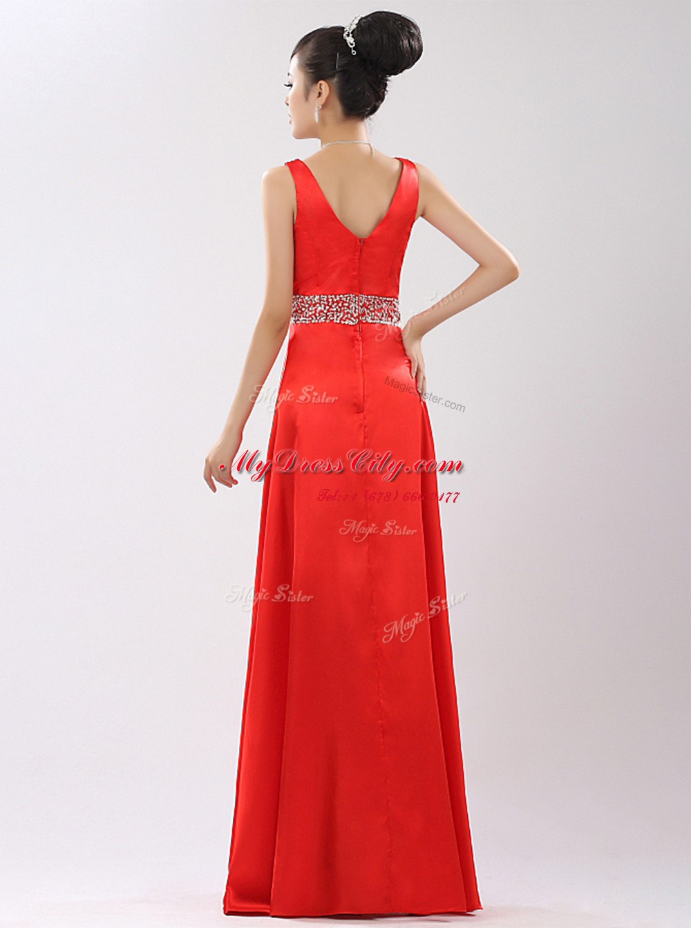 Coral Red Sleeveless Satin Zipper Evening Dress for Prom and Party