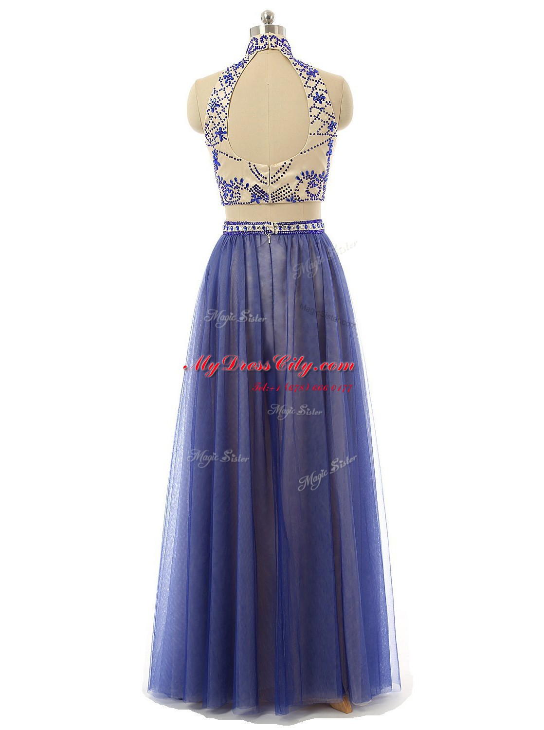 High End Blue Tulle Zipper Evening Dress Sleeveless Floor Length Beading