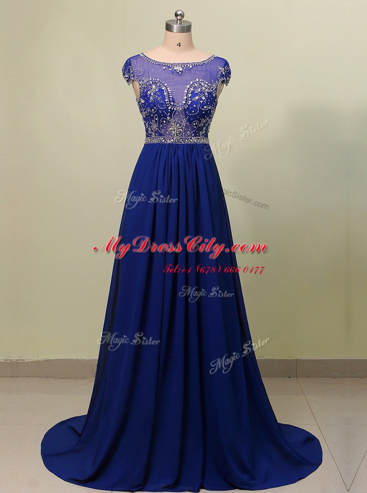 Royal Blue Prom Gown Prom and Party and For with Beading Scoop Cap Sleeves Brush Train Zipper