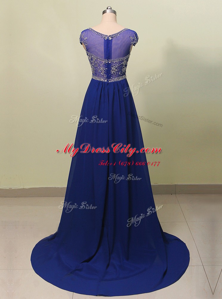 Royal Blue Prom Gown Prom and Party and For with Beading Scoop Cap Sleeves Brush Train Zipper